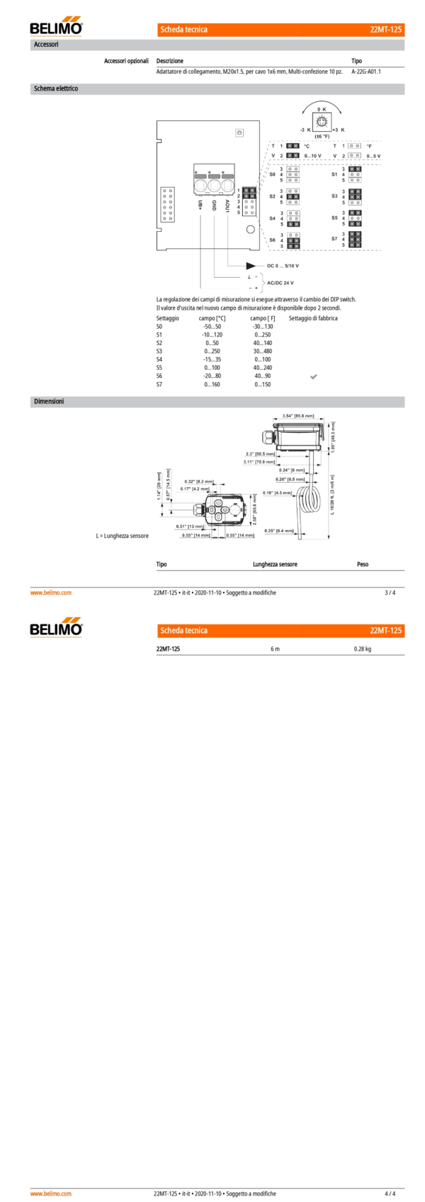 22MT-125 Sensore di temperatura media attivo, 0...5 V, 0...10 V, Lunghezza sensore 6 m - immagine 3