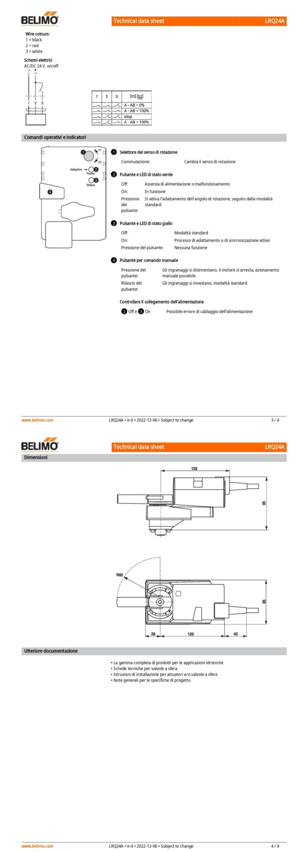 LRQ24A Attuatore rotativo a corsa molto rapida, 4 Nm, AC/DC 24 V, On/Off, 9 s, IP54 - immagine 3