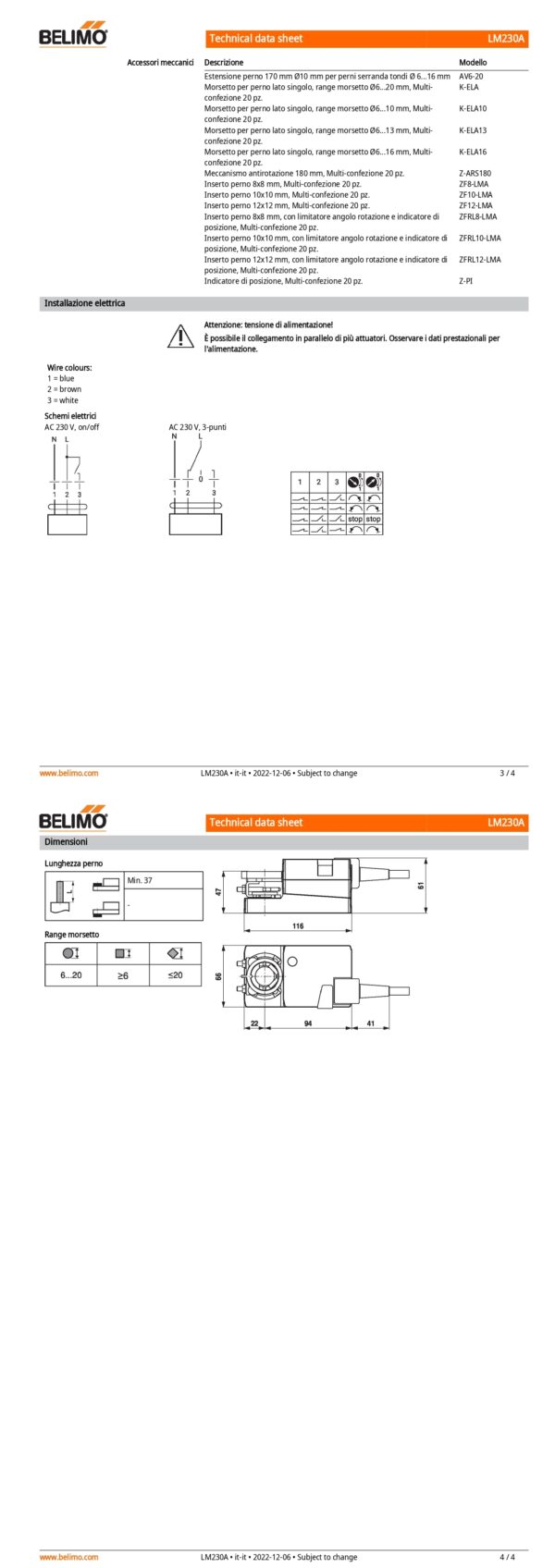 LM230A Attuatore rotativo, 5 Nm, AC 100...240 V, On/Off, 3-punti, 150 s, IP54 - immagine 3