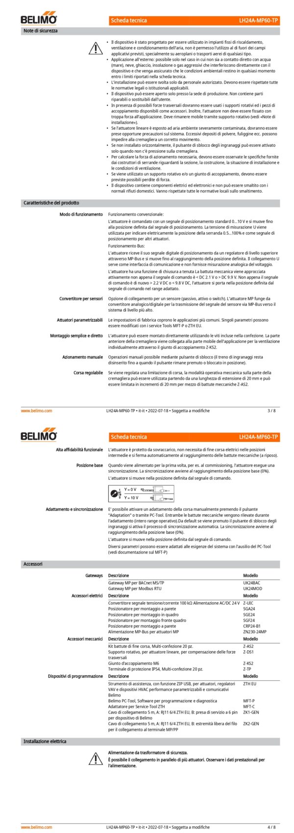 LH24A-MP60-TP Attuatore Lineare, 150 N, AC/DC 24 V, MP-Bus, 150 s (70...270 s / 100 mm), Corsa 60 mm, IP54, Terminali - immagine 3