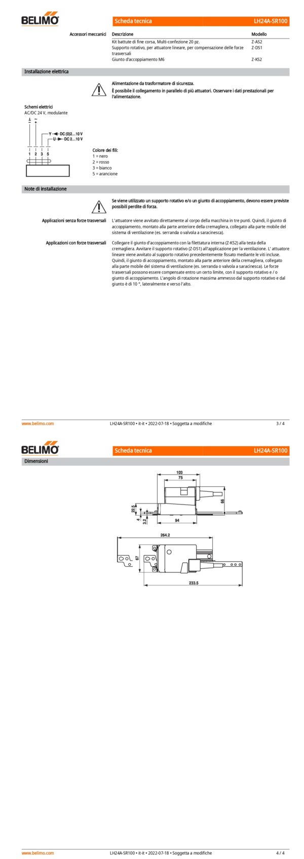 LH24A-SR100 Attuatore Lineare, 150 N, AC/DC 24 V, 2...10 V, 150 s, Corsa 100 mm, IP54 - immagine 3