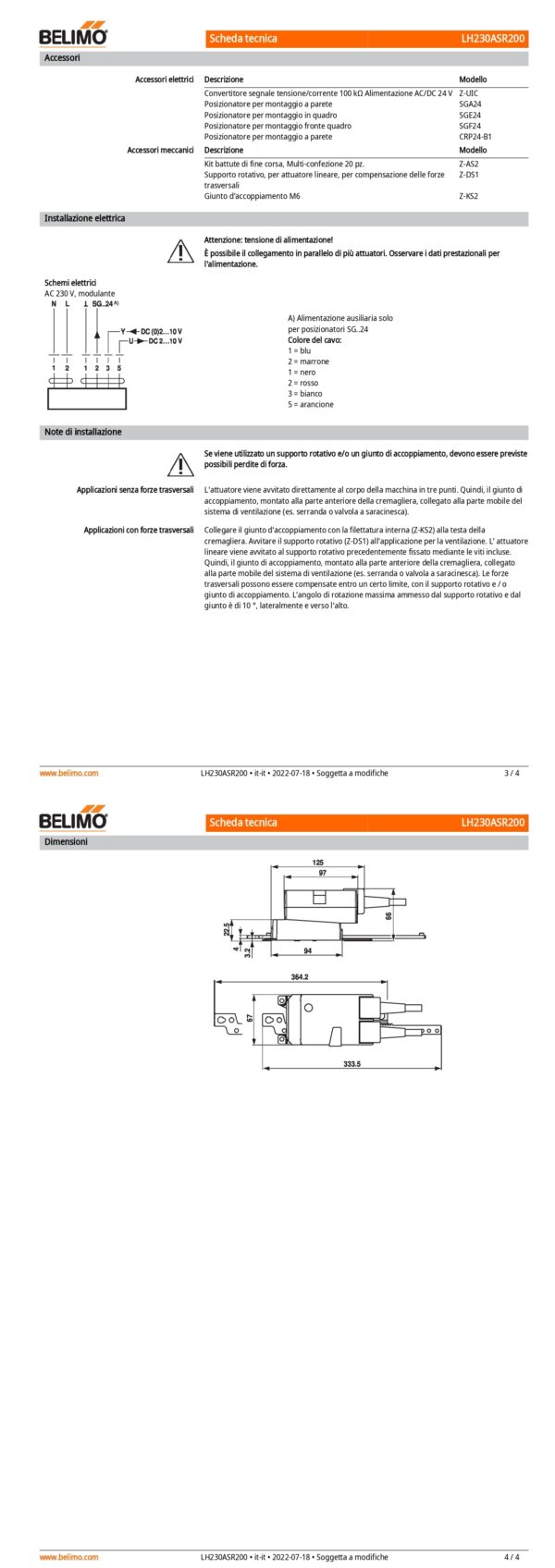 LH230ASR200 Attuatore Lineare, 150 N, AC 100...240 V, 2...10 V, 150 s, Corsa 200 mm, IP54 - immagine 3