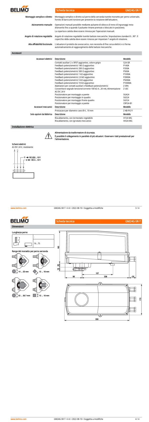 GM24G-SR-T Attuatore rotativo, 40 Nm, AC/DC 24 V, 2...10 V, 150 s, IP66/67, Terminali - immagine 3