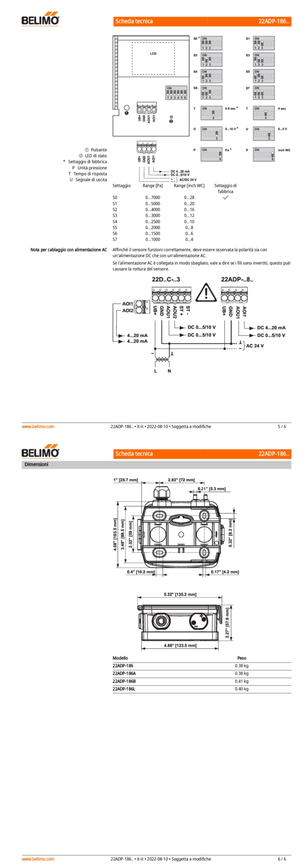 22ADP-186L Sensore di pressione differenziale per aria, 0...7000 Pa, 0...5 V, 0...10 V, 4...20 mA, LCD - immagine 4