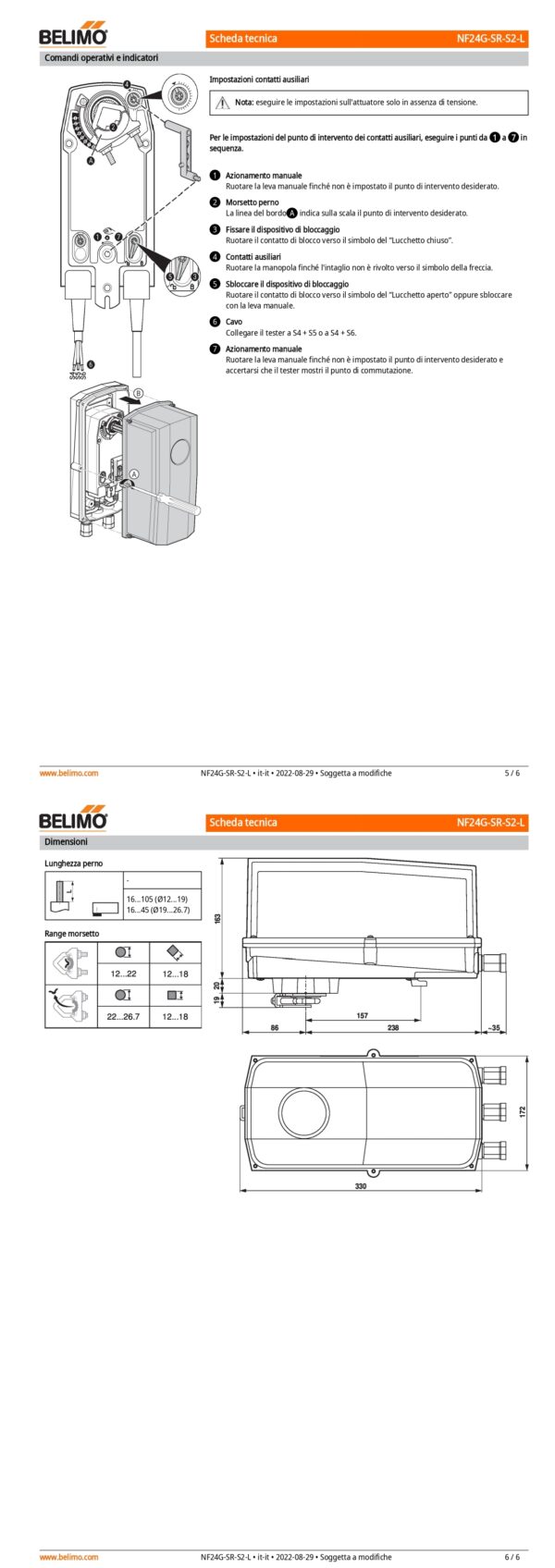 NF24G-SR-S2-L Attuatore rotativo con funzione di sicurezza, 10 Nm, AC/DC 24 V, 2...10 V, 150 s, 2 x SPDT, IP66/67 - immagine 4