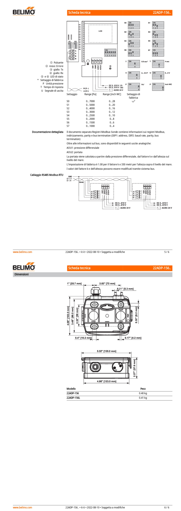 22ADP-156L Sensore di pressione differenziale per aria, 0...7000 Pa, Modbus, 0...5 V, 0...10 V, LCD - immagine 4