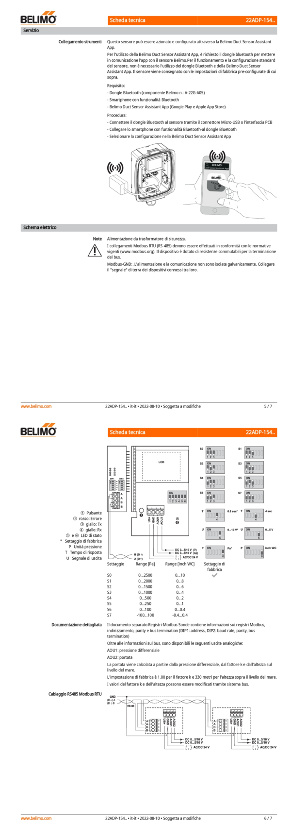 22ADP-154 Sensore di pressione differenziale per aria, -100...2500 Pa, Modbus, 0...5 V, 0...10 V - immagine 4