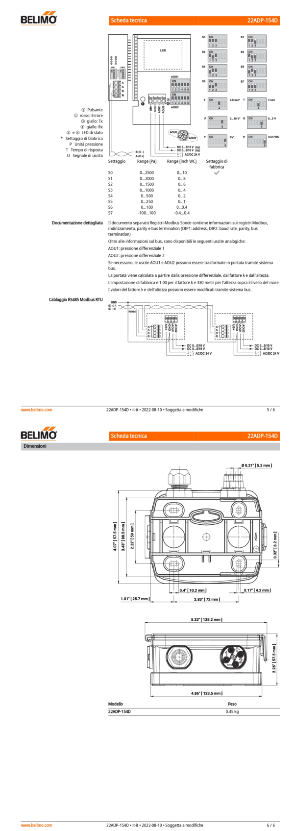 22ADP-154D Doppio sensore di pressione differenziale per aria, -100...2500 Pa, Modbus, 0...5 V, 0...10 V - immagine 4