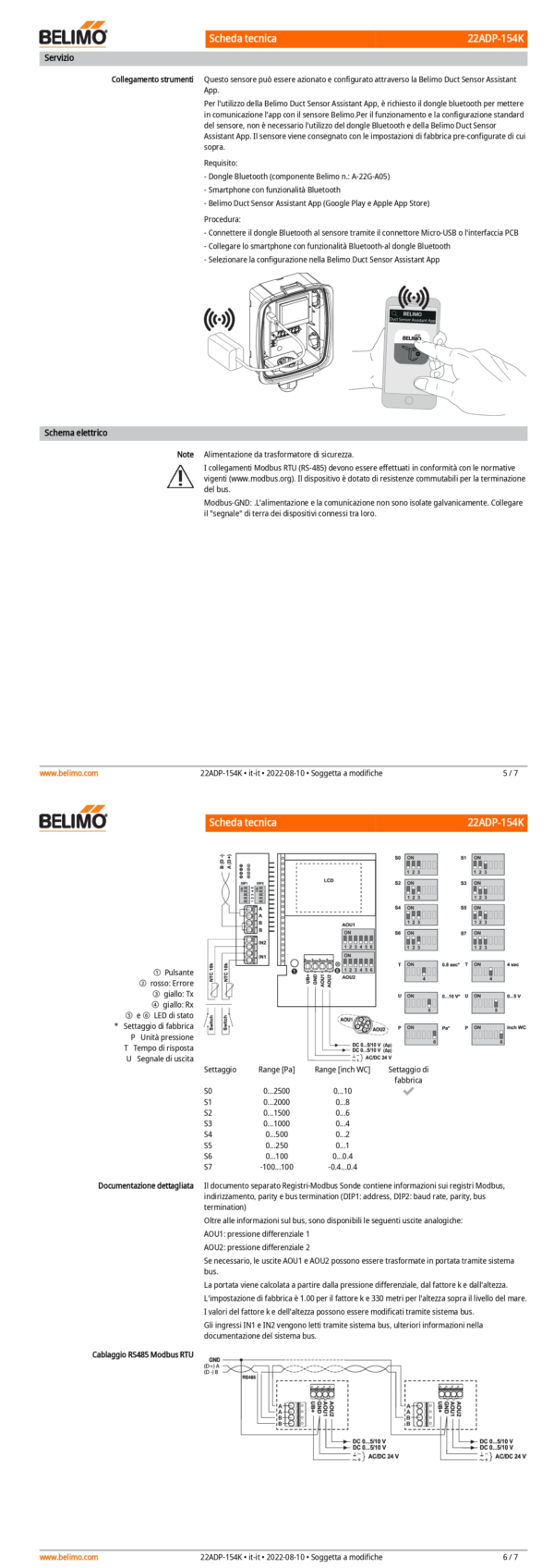 22ADP-154K Doppio sensore di pressione differenziale per aria con due ingressi aggiuntivi, -100...2500 Pa, Modbus, 0...5 V, 0...10 V, LCD - immagine 4