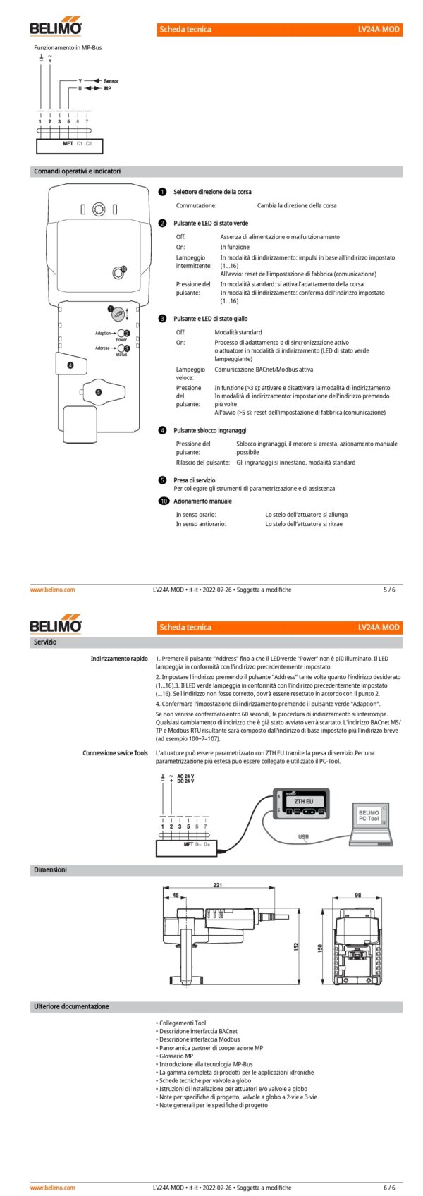 LV24A-MOD Attuatore per valvole a globo, 500 N, AC/DC 24 V, BACnet MS/TP, Modbus RTU, MP-Bus, 150 s (90...150 s), Corsa 15 mm, IP54 - immagine 4