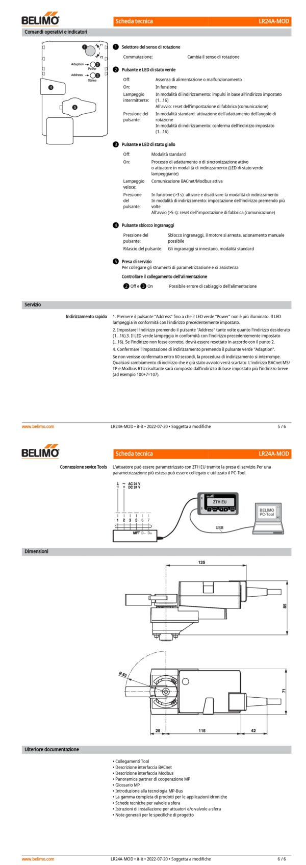 LR24A-MOD Attuatore rotativo, 5 Nm, AC/DC 24 V, BACnet MS/TP, Modbus RTU, MP-Bus, 90 s (35...420 s), IP54 - immagine 4