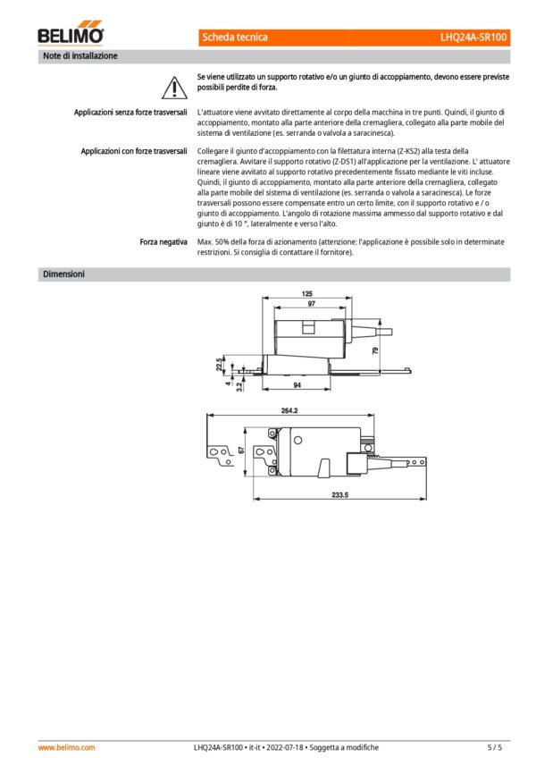 LHQ24A-SR100 Attuatore Lineare, 100 N, AC/DC 24 V, 2...10 V, 3.5 s, Corsa 100 mm, IP54 - immagine 4