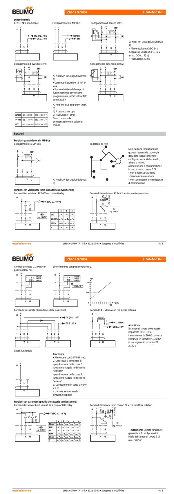 LH24A-MP60-TP Attuatore Lineare, 150 N, AC/DC 24 V, MP-Bus, 150 s (70...270 s / 100 mm), Corsa 60 mm, IP54, Terminali - immagine 4