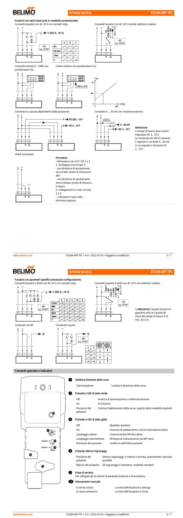 EV24A-MP-TPC Attuatore per valvole a globo, 2500 N, AC/DC 24 V, MP-Bus, 150 s (90...150 s), Corsa 40 mm, IP54, Terminali con cavo - immagine 4