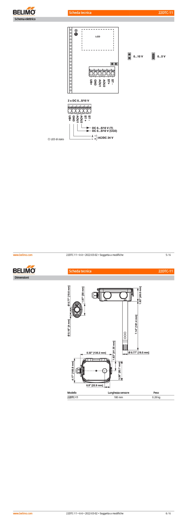 22DTC-11 Sensore di CO₂ / temperatura da canale attivo, 0...5 V, 0...10 V, Lunghezza sensore 180 mm, Diametro sensore 19.5 mm - immagine 4