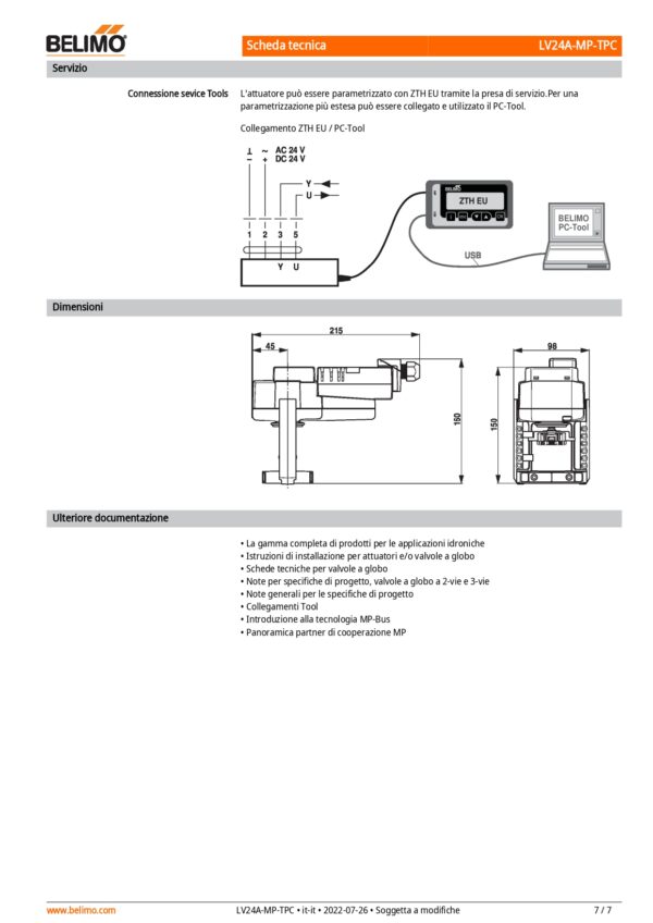 LV24A-MP-TPC Attuatore per valvole a globo, 500 N, AC/DC 24 V, MP-Bus, 150 s (90...150 s), Corsa 15 mm, IP54, Terminali con cavo - immagine 5