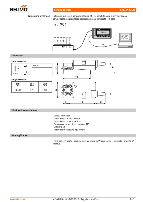 LM24A-MOD Attuatore rotativo, 5 Nm, AC/DC 24 V, BACnet MS/TP, Modbus RTU, MP-Bus, 150 s (35...150 s), IP54 - immagine 5