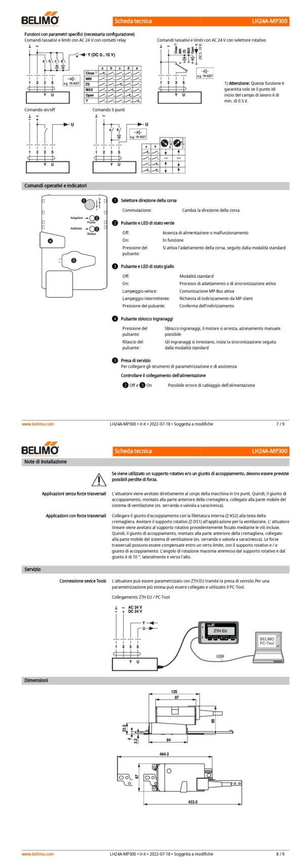 LH24A-MP300 Attuatore Lineare, 150 N, AC/DC 24 V, MP-Bus, 150 s (70...270 s / 100 mm), Corsa 300 mm, IP54 - immagine 5