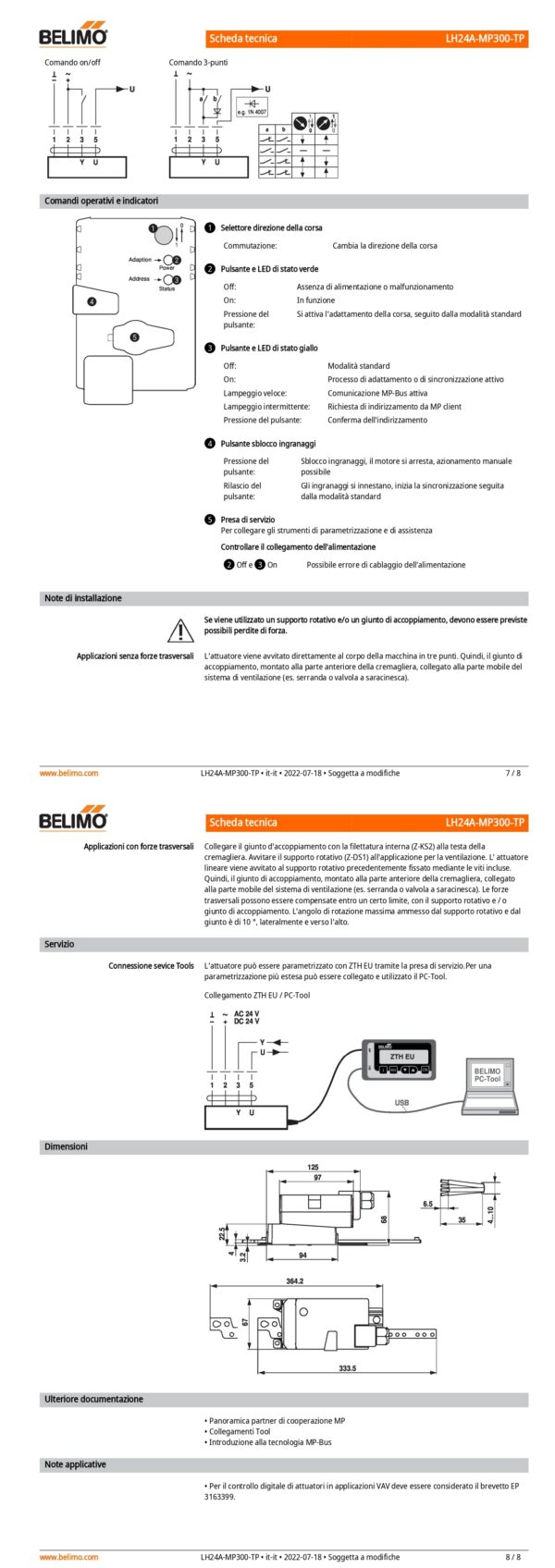 LH24A-MP300-TP Attuatore Lineare, 150 N, AC/DC 24 V, MP-Bus, 150 s (70...270 s / 100 mm), Corsa 300 mm, IP54, Terminali - immagine 5