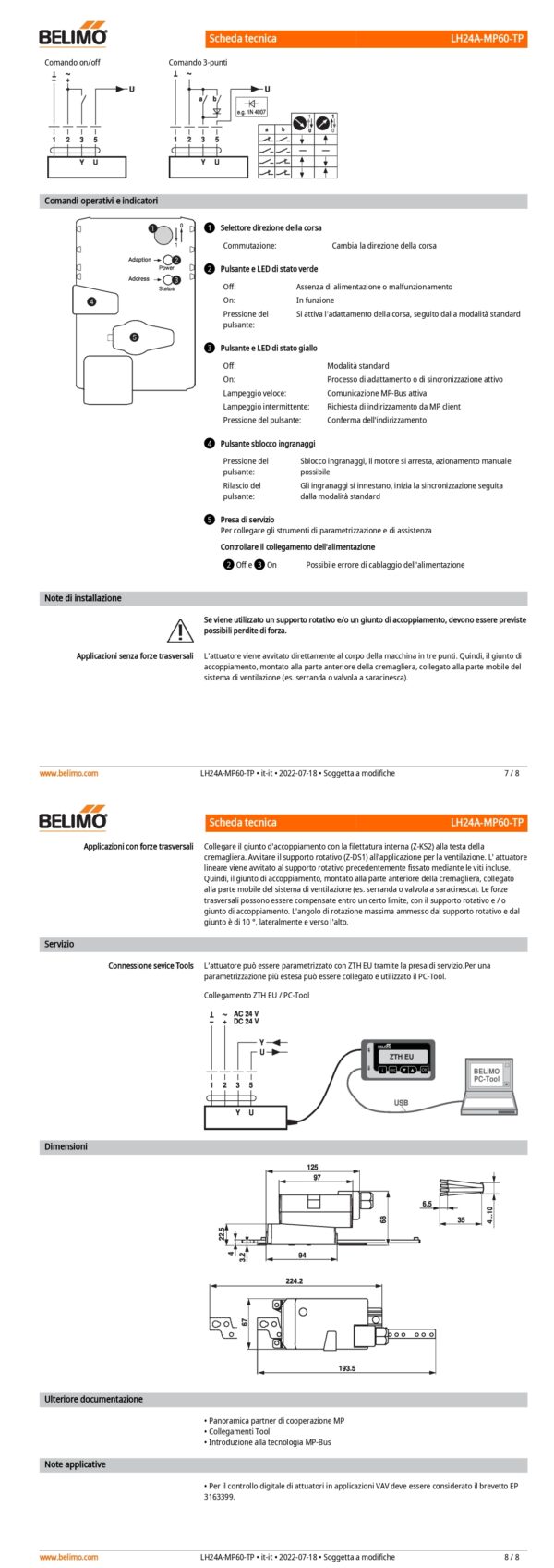 LH24A-MP60-TP Attuatore Lineare, 150 N, AC/DC 24 V, MP-Bus, 150 s (70...270 s / 100 mm), Corsa 60 mm, IP54, Terminali - immagine 5
