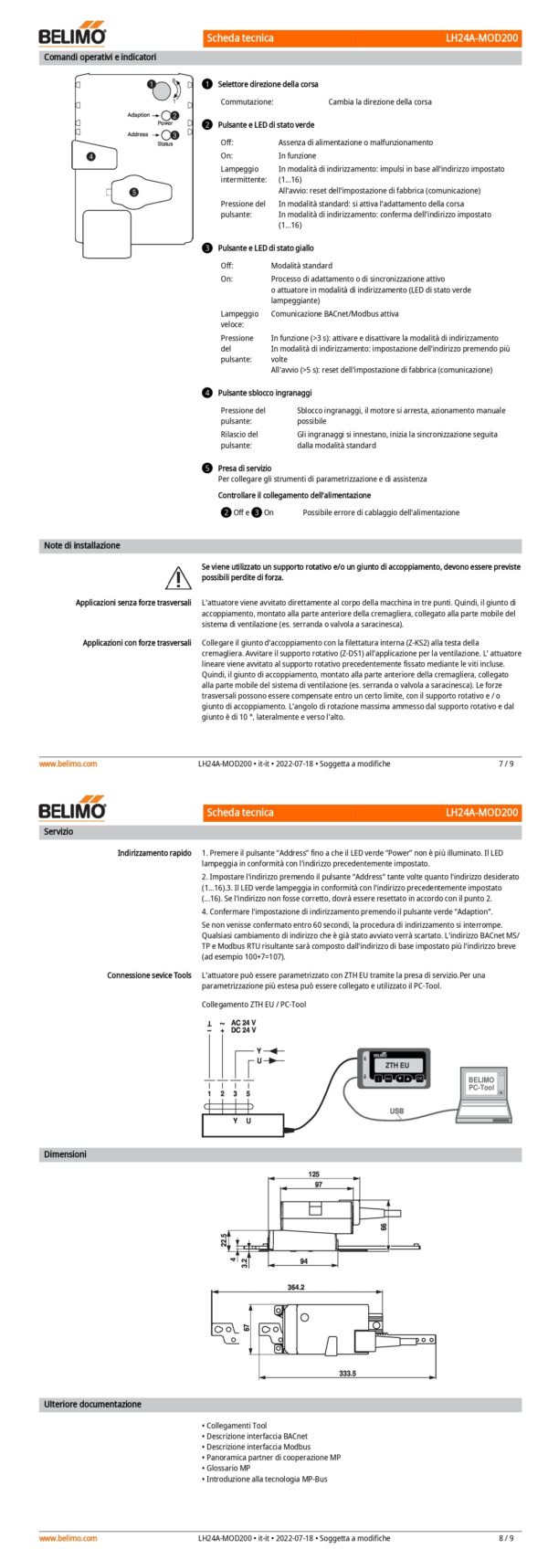 LH24A-MOD200 Attuatore Lineare, 150 N, AC/DC 24 V, BACnet MS/TP, Modbus RTU, MP-Bus, 150 s (70...270 s / 100 mm), IP54 - immagine 5