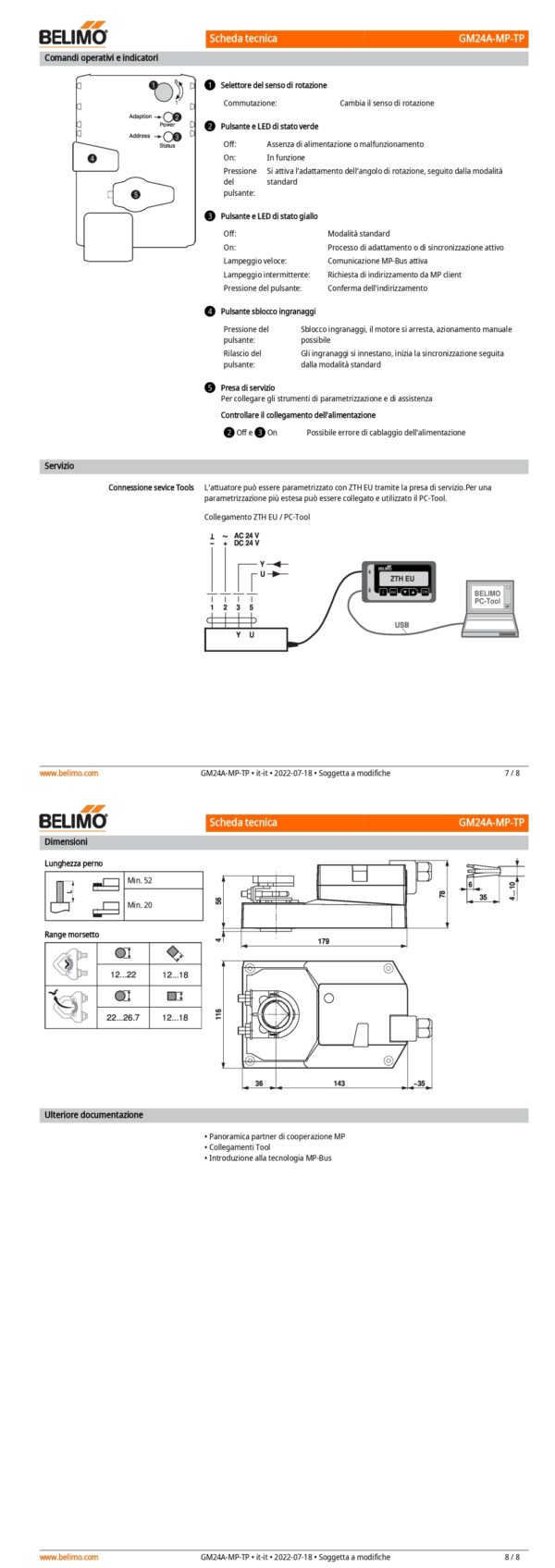 GM24A-MP-TP Attuatore rotativo, 40 Nm, AC/DC 24 V, MP-Bus, 150 s (75...290 s), IP54, Terminali - immagine 5