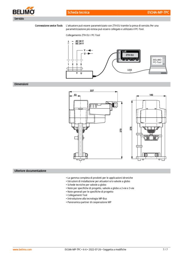 EV24A-MP-TPC Attuatore per valvole a globo, 2500 N, AC/DC 24 V, MP-Bus, 150 s (90...150 s), Corsa 40 mm, IP54, Terminali con cavo - immagine 5