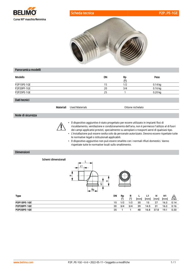P2P15PE-1GE Curva 90° maschio/femmina, DN 15, Rp 1/2", R 1/2", Set di 2 pz. - immagine 2