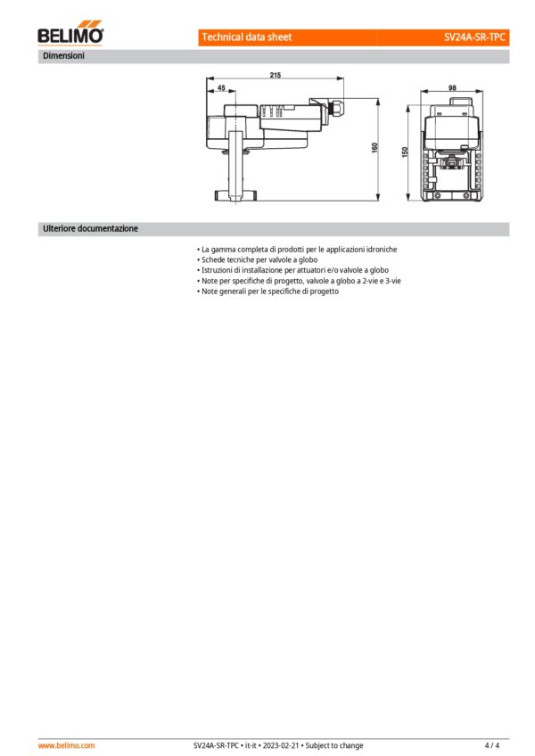 SV24A-SR-TPC Attuatore per valvole a globo, 1500 N, AC/DC 24 V, 2...10 V, 150 s, Corsa 20 mm, IP54, Terminali con cavo - immagine 5