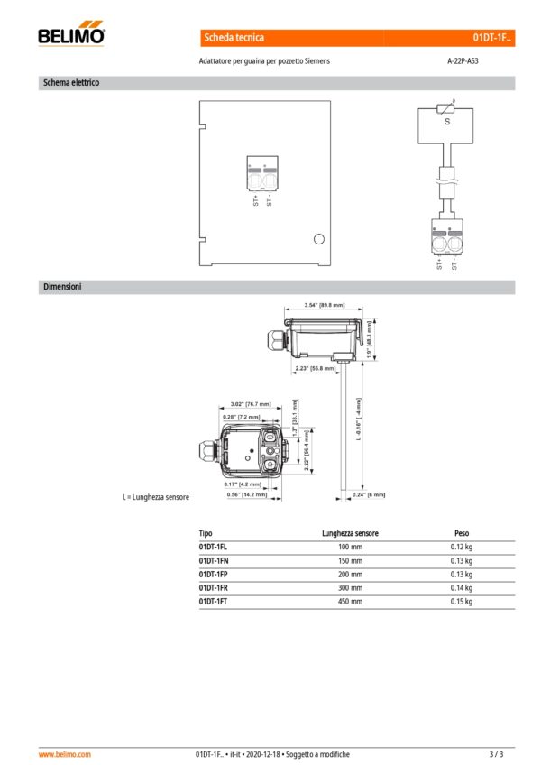01DT-1FR Sensore di temperatura da canale/a immersione passivo, NTC1k8, Lunghezza sensore 300 mm, Diametro sensore 6 mm - immagine 3