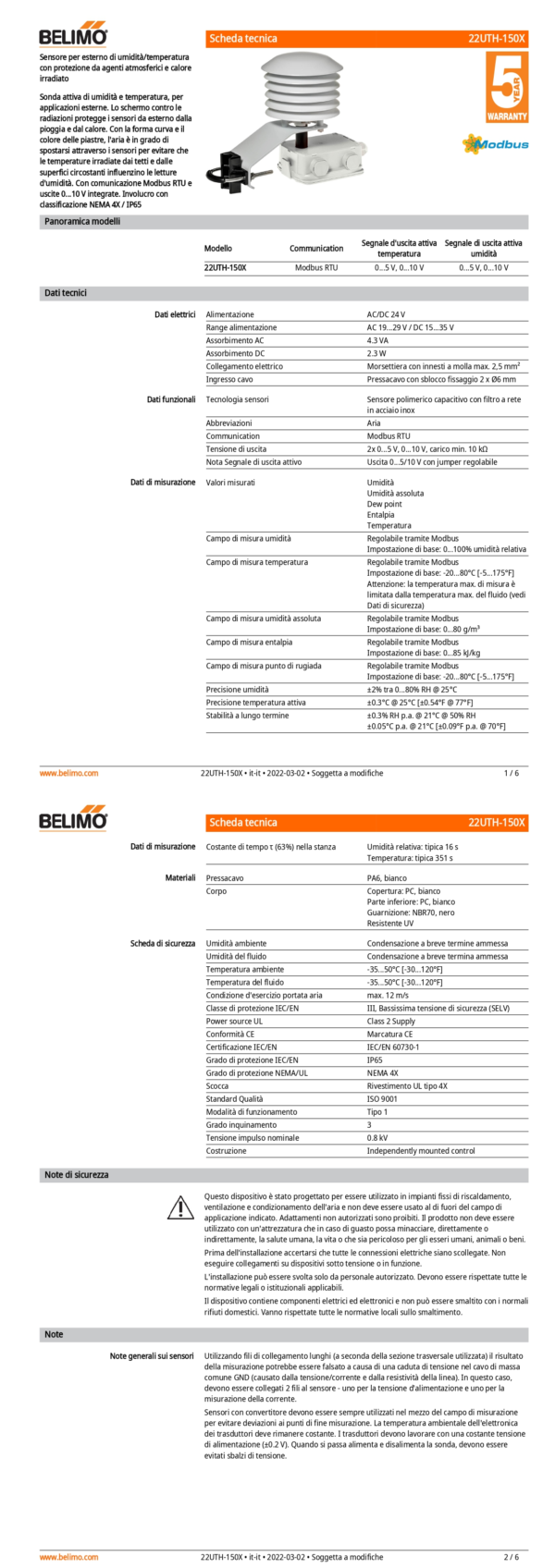 22UTH-150X Sensore per esterno di umidità/temperatura con protezione da agenti atmosferici e calore irradiato attivo, Modbus, 0...5 V, 0...10 V - immagine 2