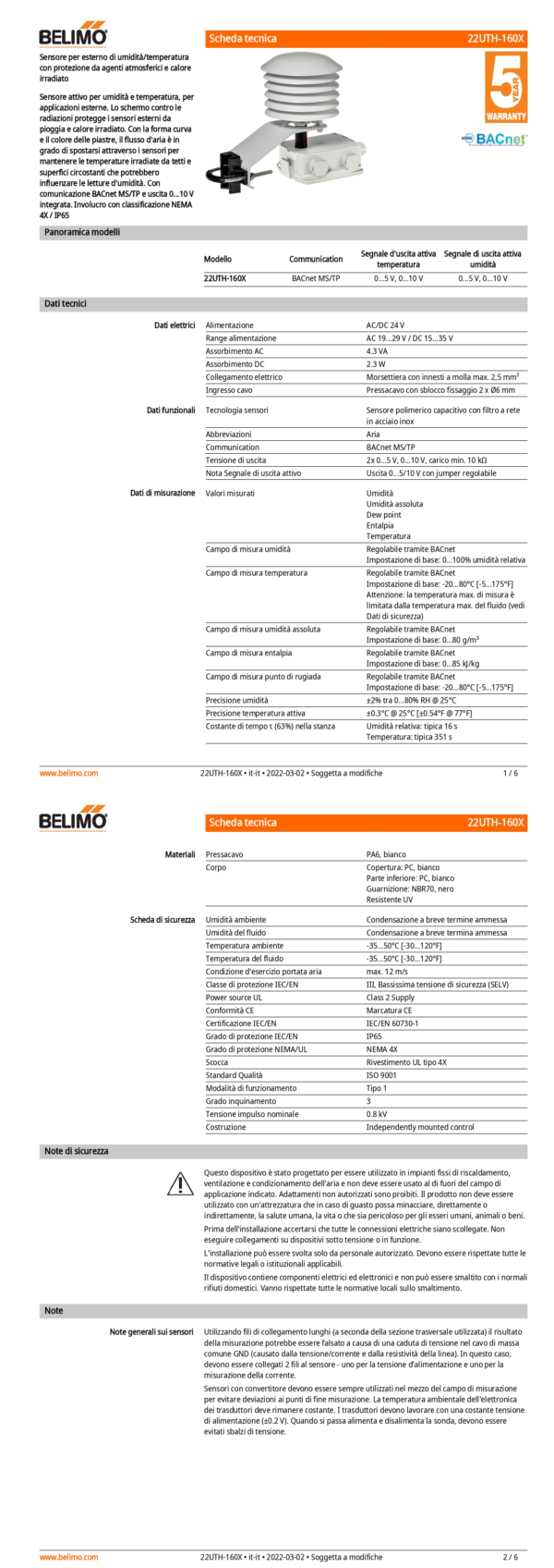 22UTH-160X Sensore per esterno di umidità/temperatura con protezione da agenti atmosferici e calore irradiato attivo, BACnet, 0...5 V, 0...10 V - immagine 2