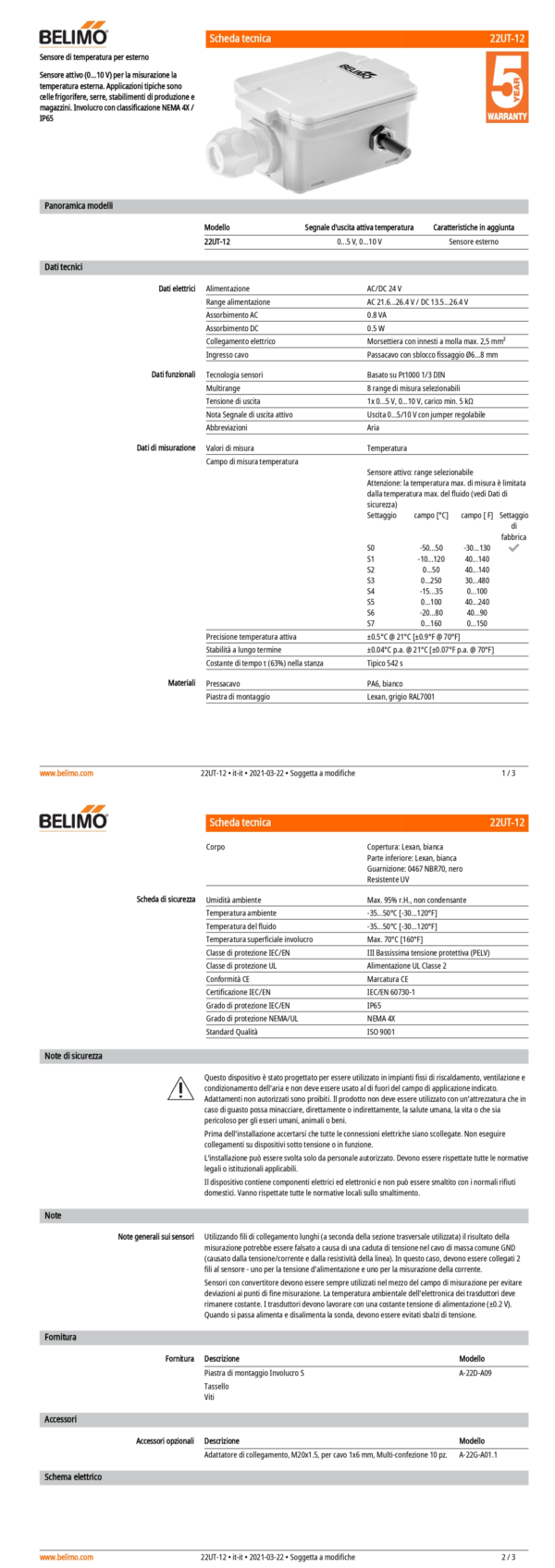 22UT-12 Sensore di temperatura per esterno attivo, 0...5 V, 0...10 V, Sensore esterno, Lunghezza sensore 25 mm, Diametro sensore 6 mm - immagine 2