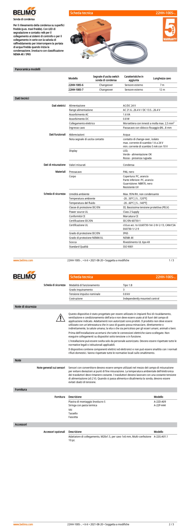 22HH-100S-6 Sonda di condensa attivo, Sensore esterno, LED, 7 m - immagine 2