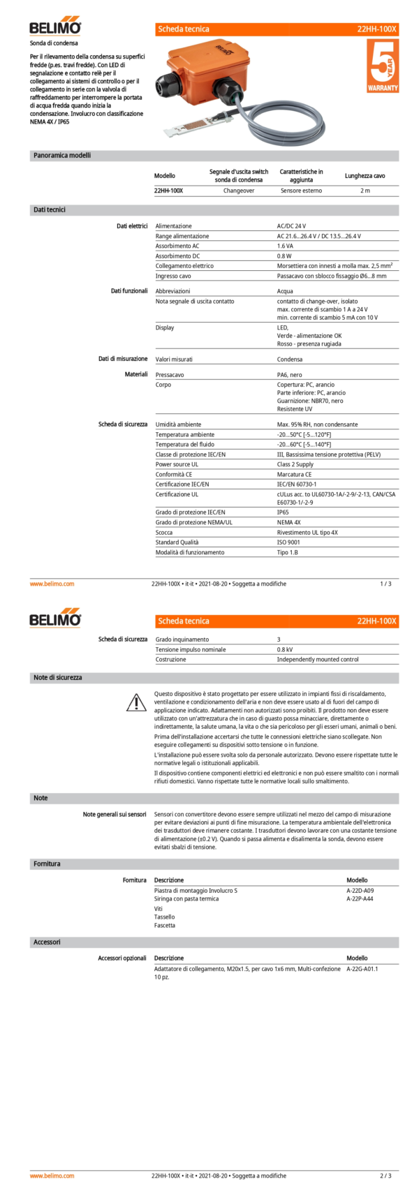 22HH-100X Sonda di condensa attivo, Sensore esterno, LED, 2 m - immagine 2