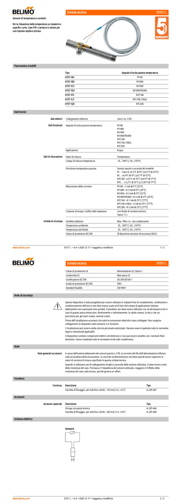 01ST-1D3 Sensore di temperatura a contatto passivo, Ni1000TK5000, Diametro sensore 6 mm, Cavo 2 m, 2-fili - immagine 2