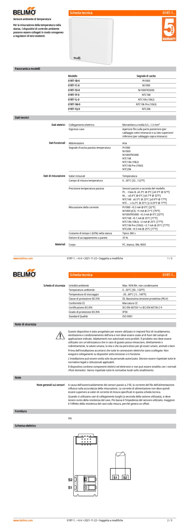 01RT-1F-0 Sensore ambiente di temperatura passivo, NTC1k8, Bianco, RAL 9003 - immagine 2