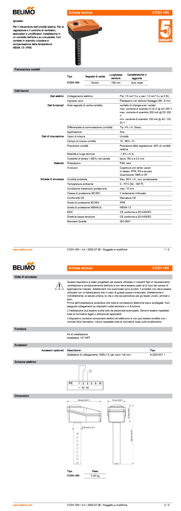 01DH-10N Igrostato passivo, Switch, Auto reset, Lunghezza sensore 156 mm, Diametro sensore 30 mm - immagine 2