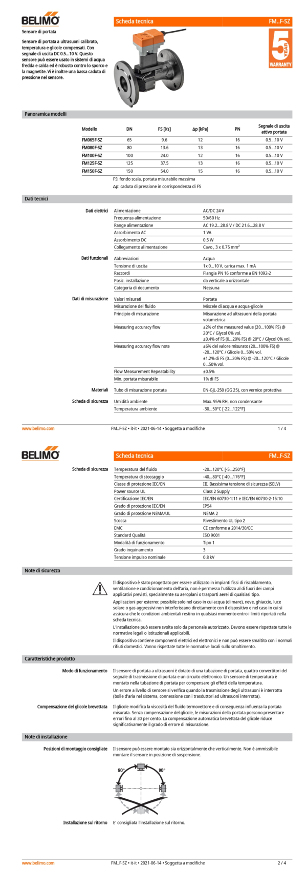 FM100F-SZ Flow sensor, AC/DC 24 V, DN 100, FS 24.0 l/s, Temperatura del fluido -20...120°C - immagine 2
