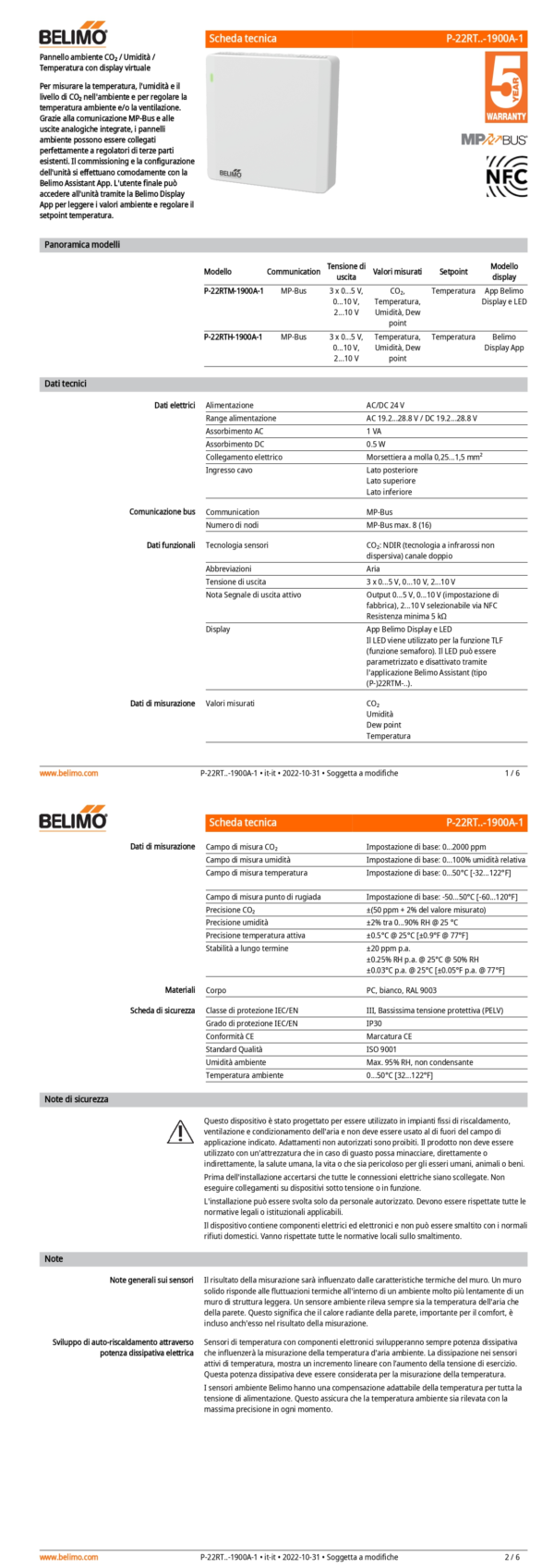 P-22RTM-1900A-1 Room CO2+Temp+Hum Sensor Operating V - immagine 2