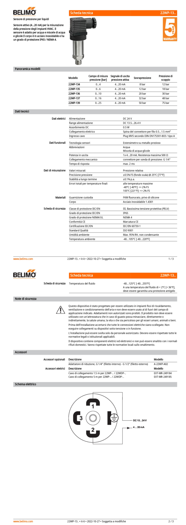22WP-135 Sensore di pressione per liquidi, 0...6 bar, attivo, 4...20 mA - immagine 2
