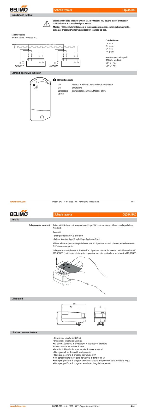 CQ24A-BAC Attuatore rotativo (ZoneTight), 1 Nm, AC/DC 24 V, BACnet MS/TP, Modbus RTU, 75 s, IP40 - immagine 3