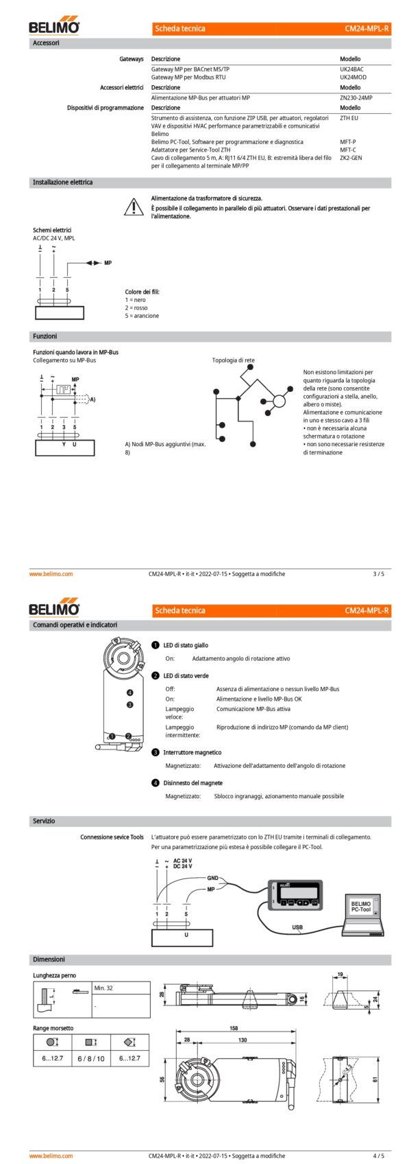 CM24-MPL-R Attuatore rotativo, 2 Nm, AC/DC 24 V, MP-Bus, 75 s, IP54, senso di rotazione orario - immagine 3