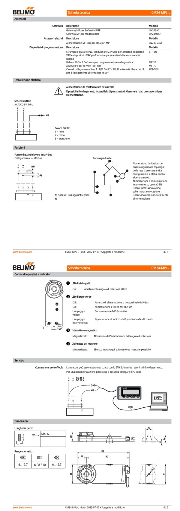 CM24-MPL-L Attuatore rotativo, 2 Nm, AC/DC 24 V, MP-Bus, 75 s, IP54, senso di rotazione antiorario - immagine 3