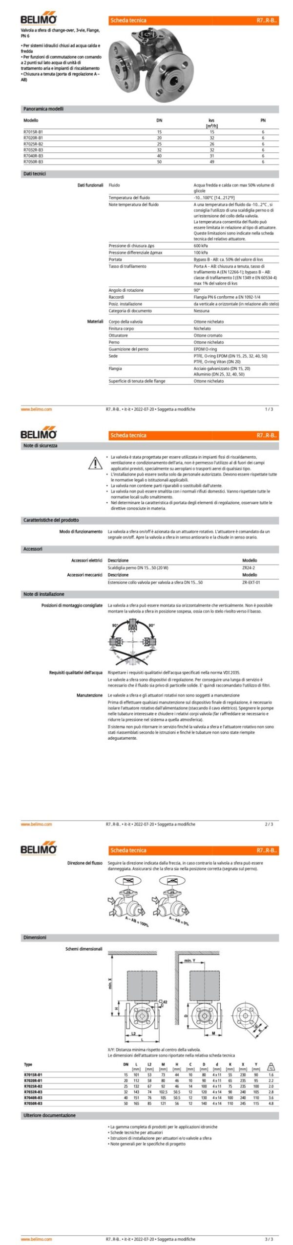 R7040R-B3 Valvola a sfera di change-over, 3-vie, DN 40, Flange, PN 6, ps 600 kPa, kvs 31 m³/h, Temperatura del fluido -10...100°C - immagine 2