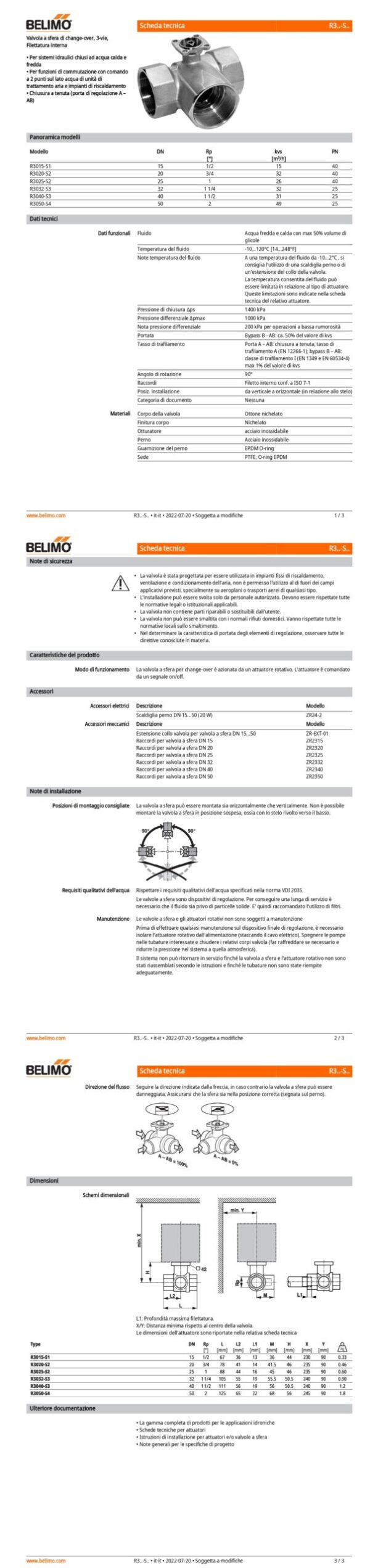 R3040-S3 Valvola a sfera di change-over, 3-vie, DN 40, Filettatura interna, Rp 1 1/2", PN 25, ps 1600 kPa, kvs 31 m³/h, Temperatura del fluido -10...120°C - immagine 2