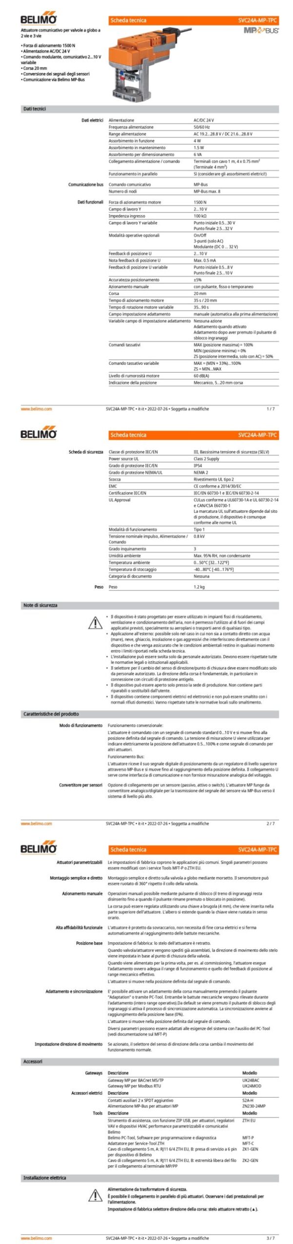 SVC24A-MP-TPC Attuatore per valvole a globo, 1500 N, AC/DC 24 V, MP-Bus, 35 s (35...90 s), Corsa 20 mm, IP54, Terminali con cavo - immagine 2