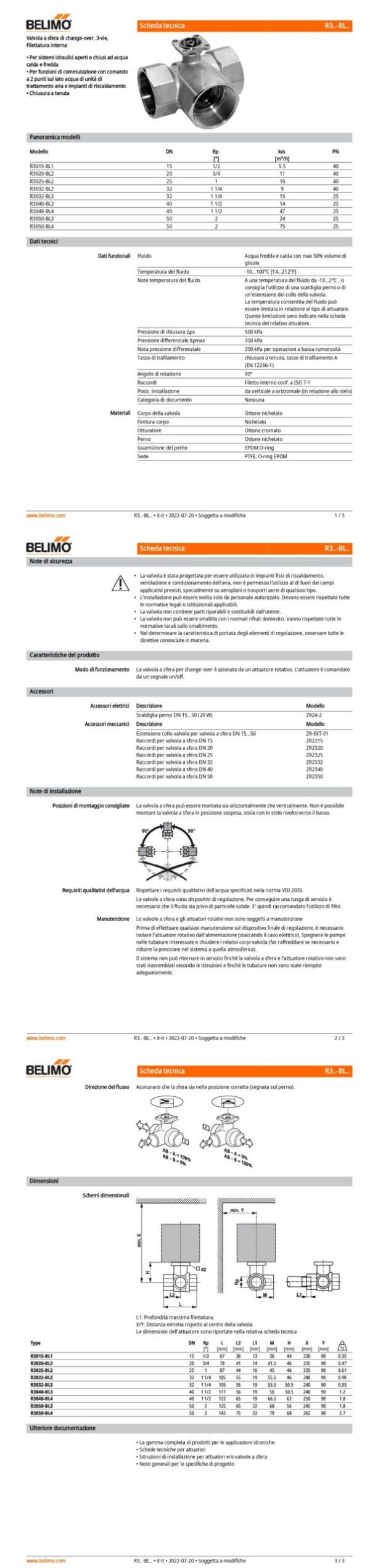 R3032-BL2 Valvola a sfera di change-over, 3-vie, DN 32, Filettatura interna, Rp 1 1/4", PN 40, ps 1600 kPa, kvs 9 m³/h, Temperatura del fluido -10...100°C - immagine 2