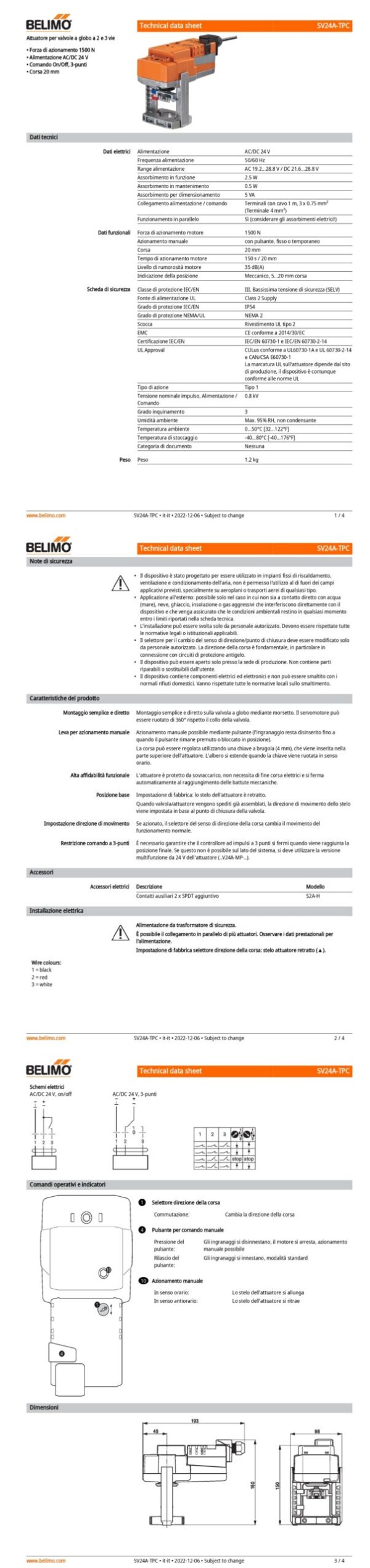 SV24A-TPC Attuatore per valvole a globo, 1500 N, AC/DC 24 V, On/Off, 3-punti, 150 s, Corsa 20 mm, IP54, Terminali con cavo - immagine 2