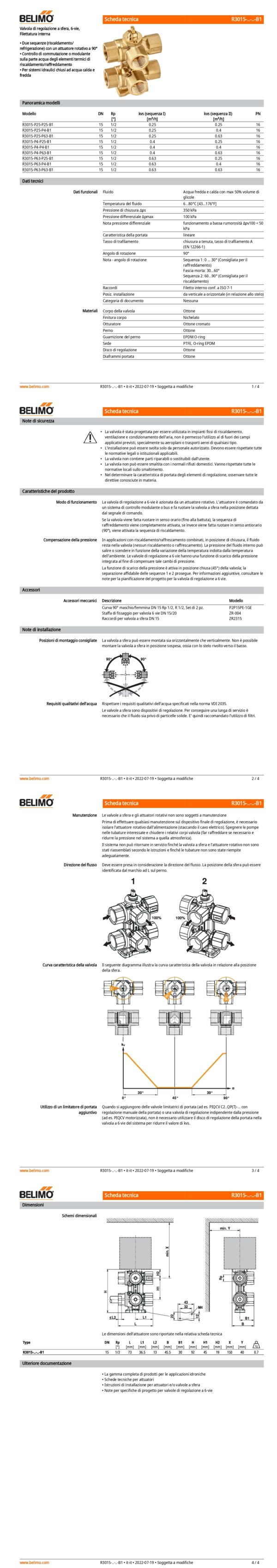 R3015-P4-P4-B1 Valvola di regolazione a sfera, 6-vie, DN 15, Filettatura interna, Rp 1/2", PN 16, ps 1600 kPa, kvs1 0.4 m³/h, kvs2 0.4 m³/h, Temperatura del fluido 6...80°C - immagine 2